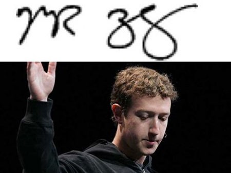 Mark Zuckerberg, 30 tuổi, Facebook. Tỷ phú trẻ tuổi đã quá quen mặt trong các bảng xếp hạng.  Chữ ký của tỷ phú trẻ tuổi này khá ngắn gọn với chỉ hai chữ cái đầu trong tên và họ của anh.